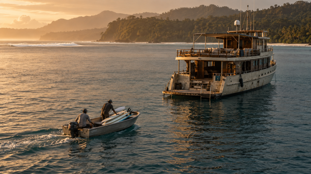 A tender boat loaded with surfboards approaches a liveaboard Mentawai surf charter mothership anchored off a jungle coastline at golden hour.